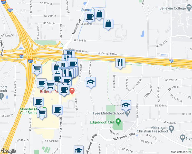 map of restaurants, bars, coffee shops, grocery stores, and more near 3700 132nd Avenue Southeast in Bellevue