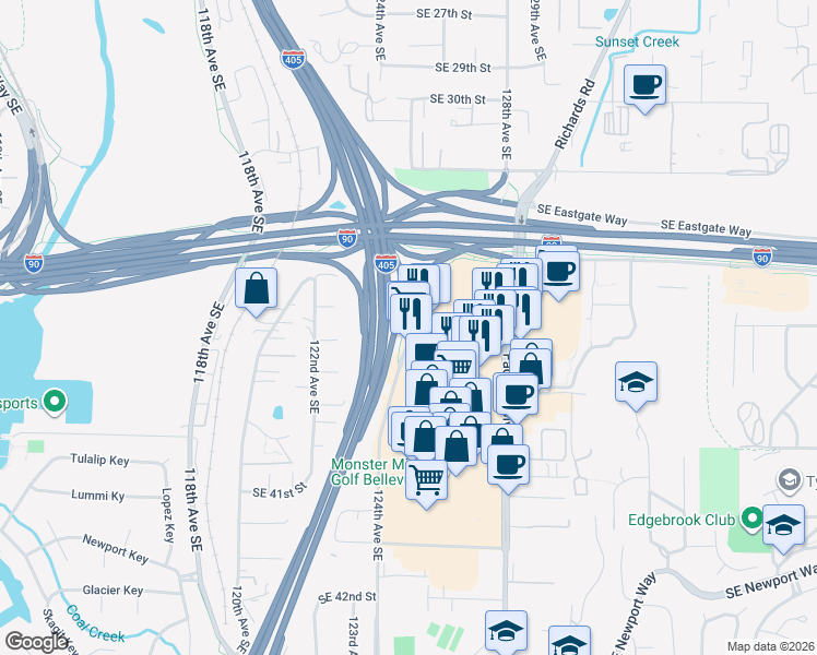 map of restaurants, bars, coffee shops, grocery stores, and more near 12404 124th Avenue Southeast in Bellevue