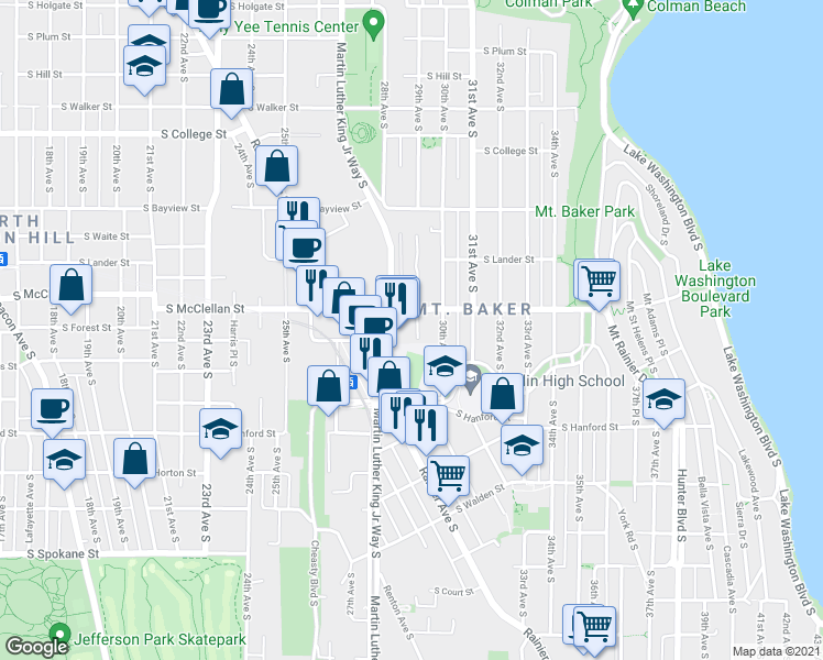 map of restaurants, bars, coffee shops, grocery stores, and more near 2900 South McClellan Street in Seattle