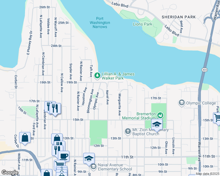 map of restaurants, bars, coffee shops, grocery stores, and more near 1900 Naval Avenue in Bremerton