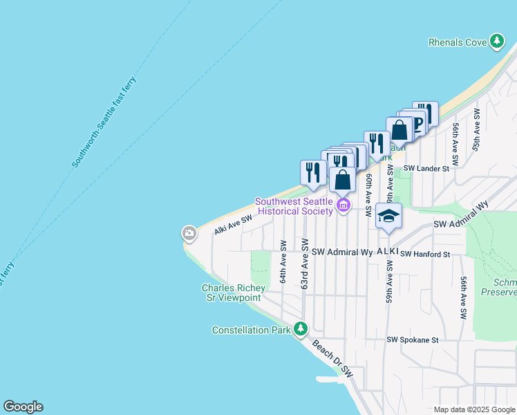 map of restaurants, bars, coffee shops, grocery stores, and more near 3003 Alki Avenue Southwest in Seattle