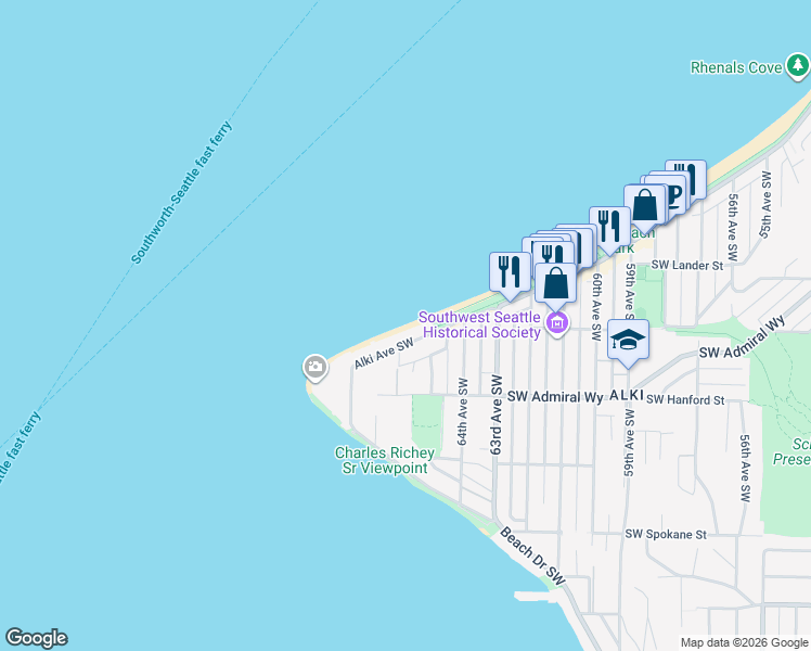 map of restaurants, bars, coffee shops, grocery stores, and more near 3021 Alki Avenue Southwest in Seattle