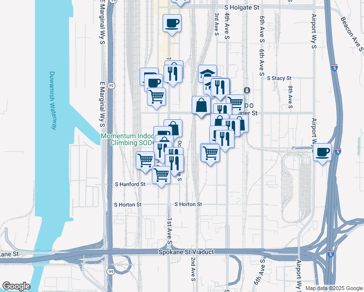 map of restaurants, bars, coffee shops, grocery stores, and more near 2750 Occidental Avenue South in Seattle