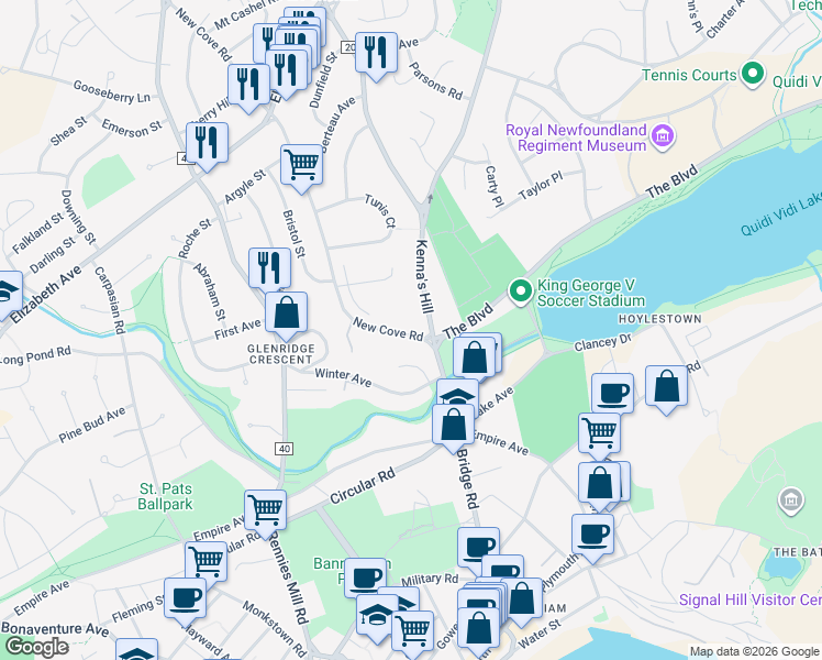 map of restaurants, bars, coffee shops, grocery stores, and more near 20 New Cove Road in St. John's