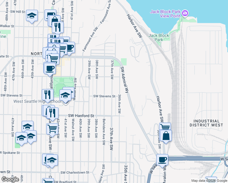 map of restaurants, bars, coffee shops, grocery stores, and more near 2727 36th Avenue Southwest in Seattle