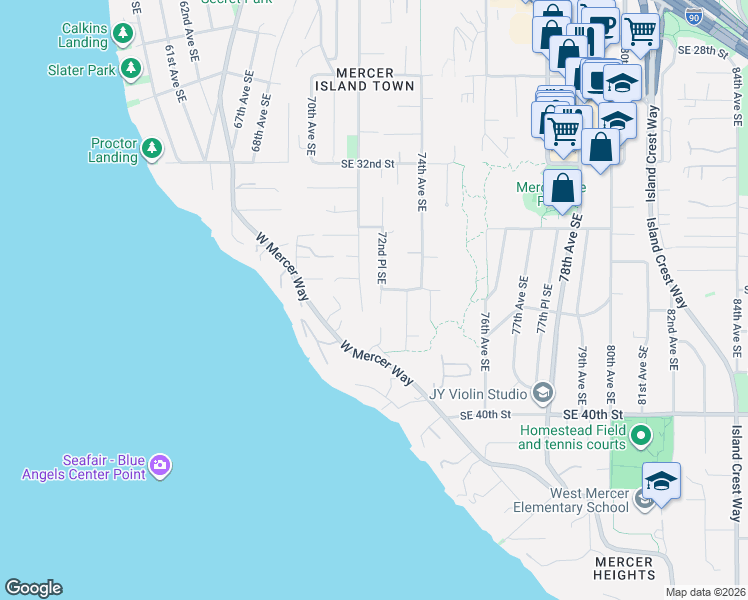 map of restaurants, bars, coffee shops, grocery stores, and more near 3449 72nd Place Southeast in Mercer Island