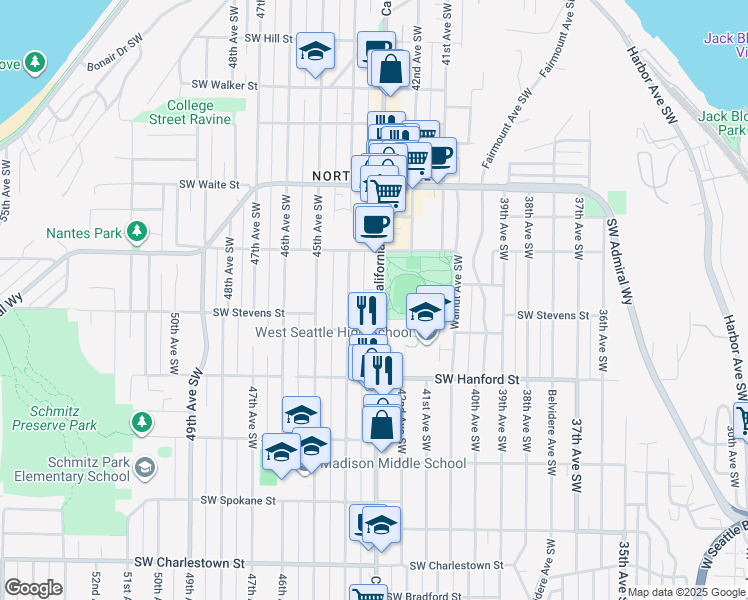map of restaurants, bars, coffee shops, grocery stores, and more near 2725 California Avenue Southwest in Seattle
