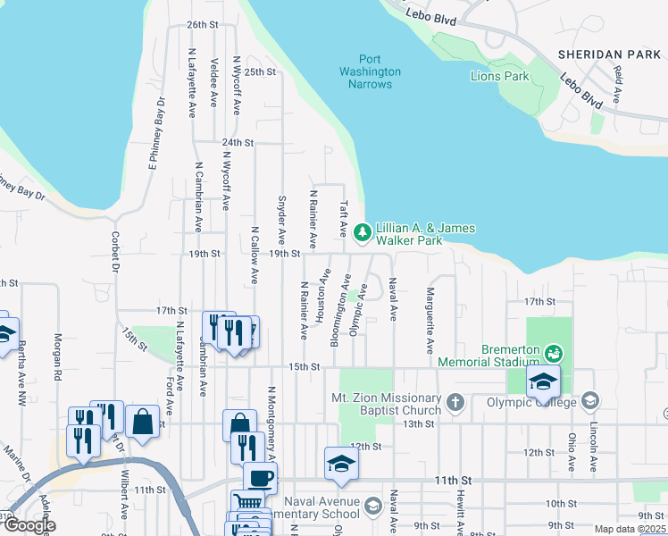 map of restaurants, bars, coffee shops, grocery stores, and more near 1905 Taft Avenue in Bremerton