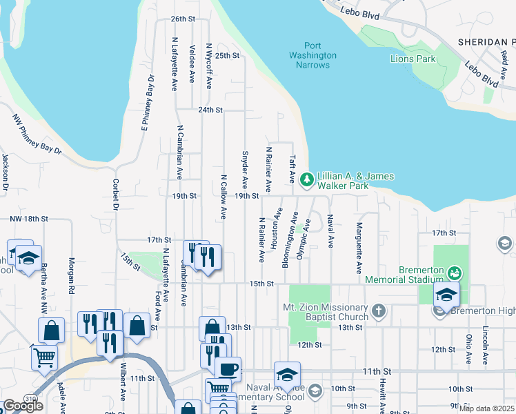 map of restaurants, bars, coffee shops, grocery stores, and more near 1903 North Rainier Avenue in Bremerton