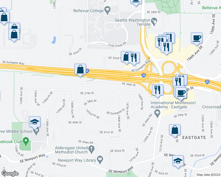 map of restaurants, bars, coffee shops, grocery stores, and more near 14416 Southeast 37th Street in Bellevue