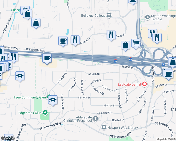 map of restaurants, bars, coffee shops, grocery stores, and more near 14100 Southeast 36th Street in Bellevue