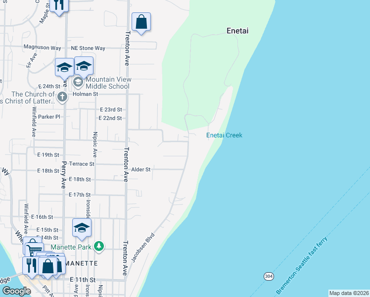 map of restaurants, bars, coffee shops, grocery stores, and more near 3108 Cascade Trail in Bremerton
