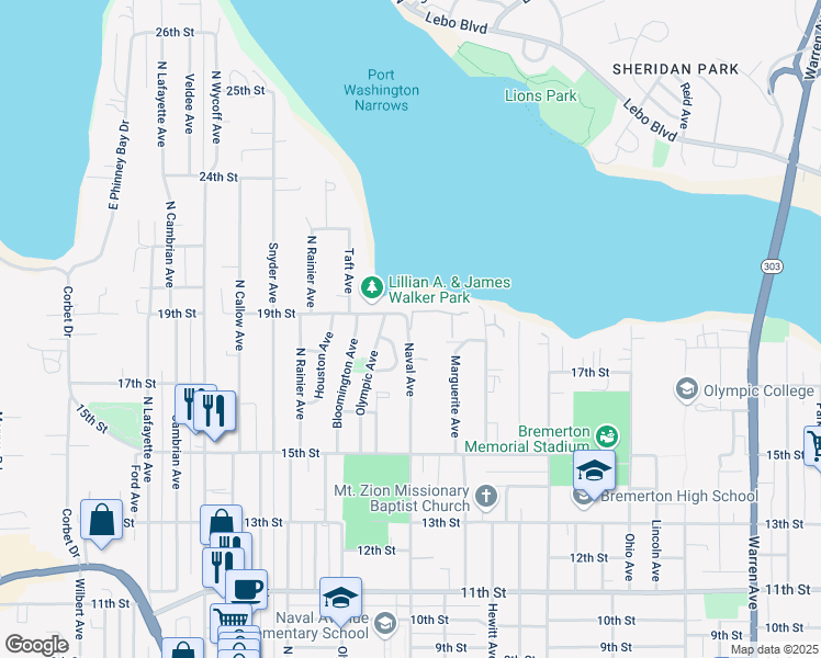 map of restaurants, bars, coffee shops, grocery stores, and more near 1900 Naval Avenue in Bremerton