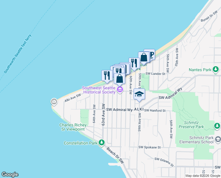 map of restaurants, bars, coffee shops, grocery stores, and more near 2823 62nd Avenue Southwest in Seattle