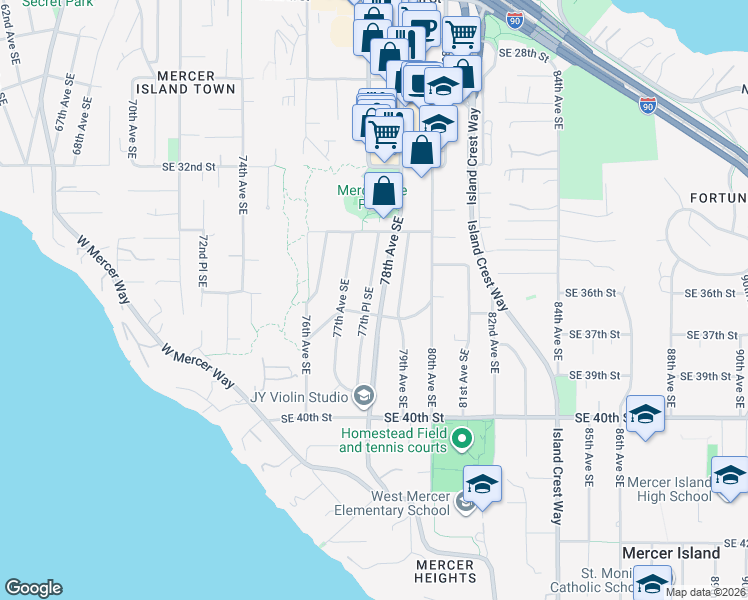 map of restaurants, bars, coffee shops, grocery stores, and more near 3470 77th Place Southeast in Mercer Island