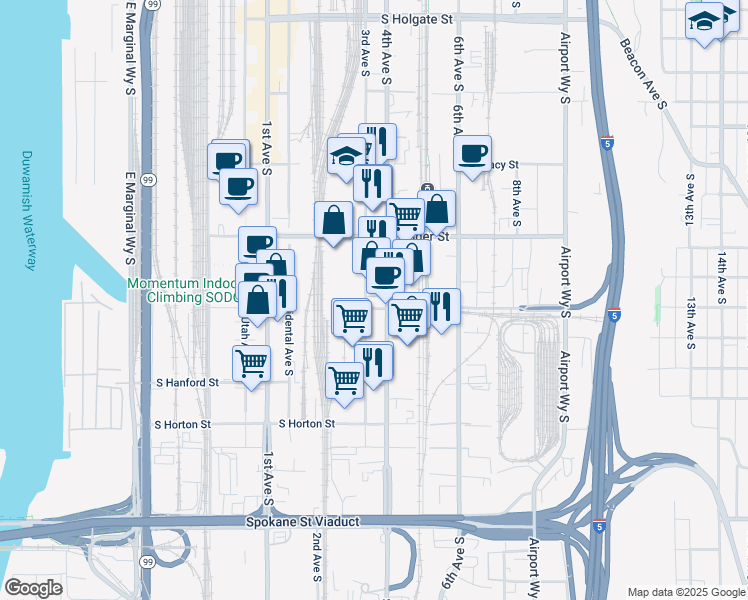 map of restaurants, bars, coffee shops, grocery stores, and more near 2743 4th Avenue South in Seattle