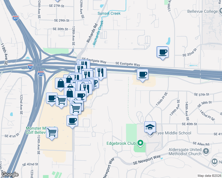 map of restaurants, bars, coffee shops, grocery stores, and more near 3650 131st Avenue Southeast in Bellevue