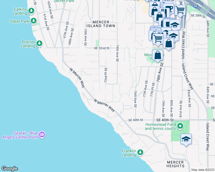 map of restaurants, bars, coffee shops, grocery stores, and more near 3449 72nd Place Southeast in Mercer Island