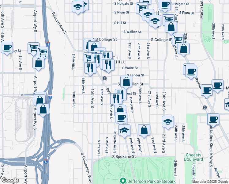 map of restaurants, bars, coffee shops, grocery stores, and more near 1715 South McClellan Street in Seattle
