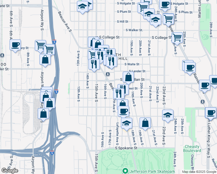 map of restaurants, bars, coffee shops, grocery stores, and more near in Seattle