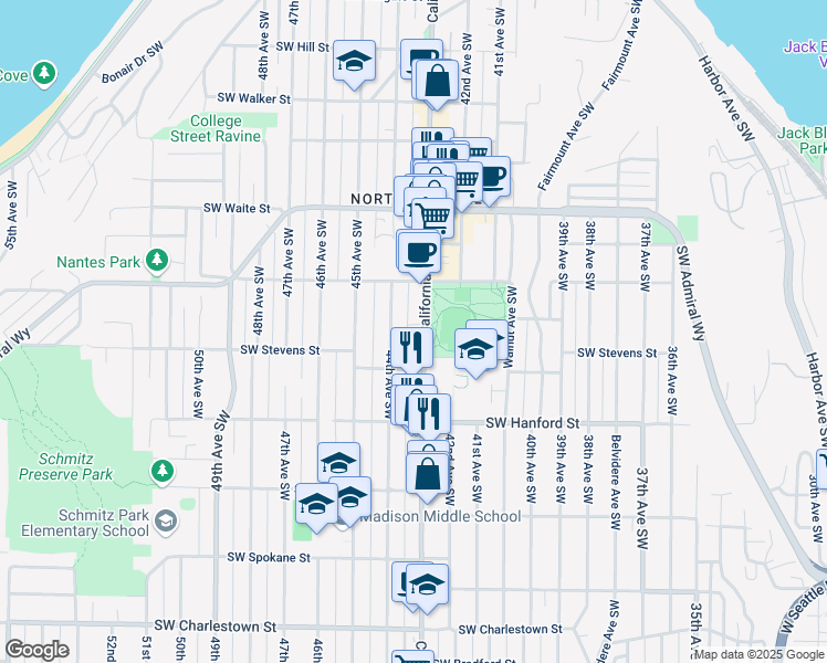 map of restaurants, bars, coffee shops, grocery stores, and more near 2725 California Avenue Southwest in Seattle