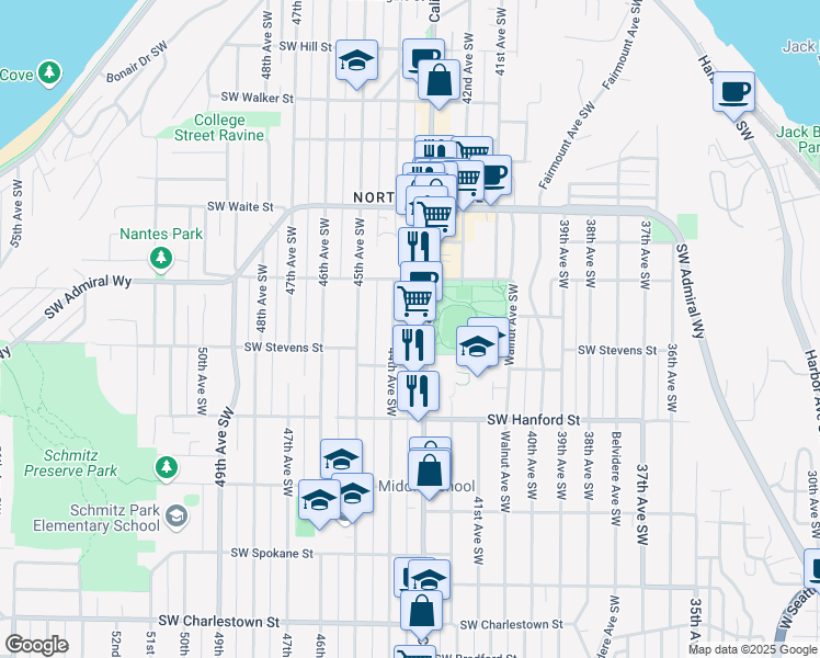 map of restaurants, bars, coffee shops, grocery stores, and more near 2727 44th Avenue Southwest in Seattle