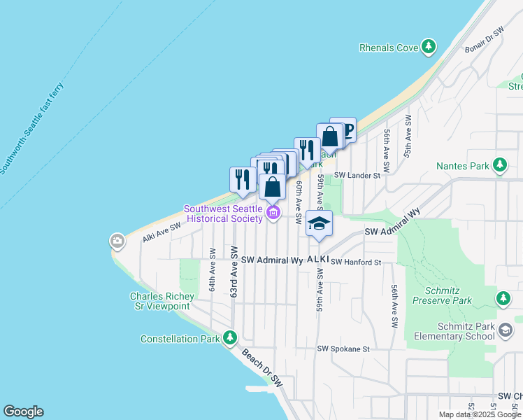 map of restaurants, bars, coffee shops, grocery stores, and more near 2770 62nd Avenue Southwest in Seattle