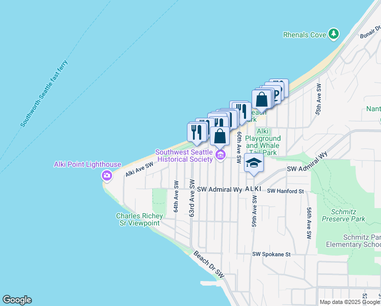 map of restaurants, bars, coffee shops, grocery stores, and more near 3099 63rd Avenue Southwest in Seattle