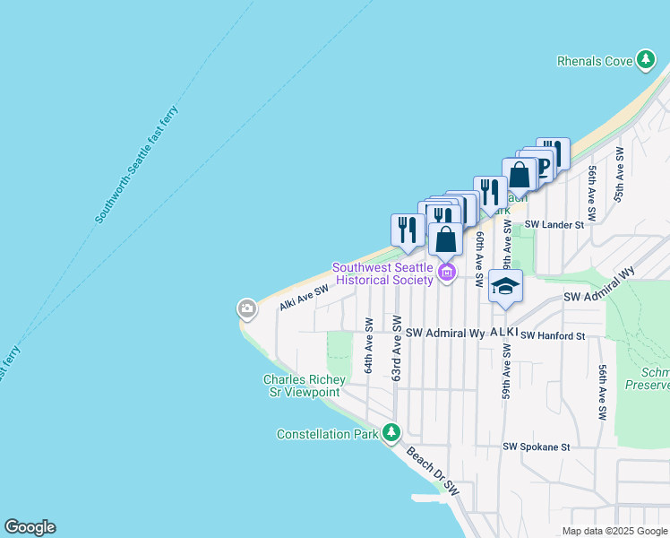 map of restaurants, bars, coffee shops, grocery stores, and more near 3003 Alki Avenue Southwest in Seattle