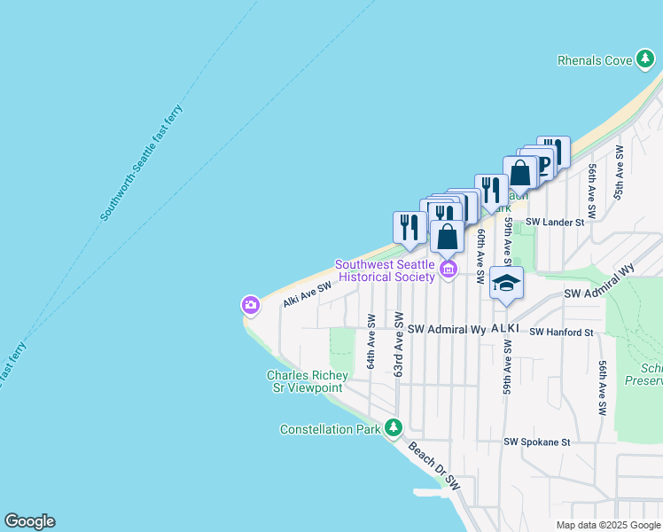 map of restaurants, bars, coffee shops, grocery stores, and more near 3003 Alki Avenue Southwest in Seattle
