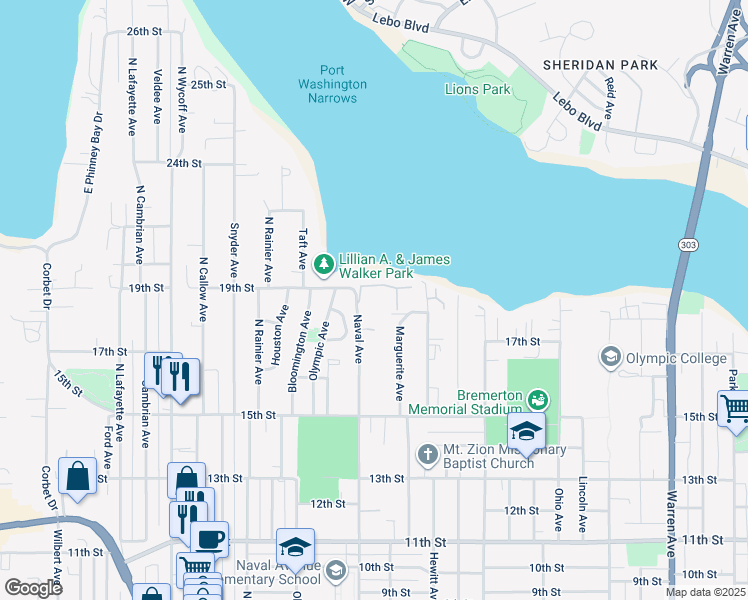 map of restaurants, bars, coffee shops, grocery stores, and more near 1900 Naval Avenue in Bremerton