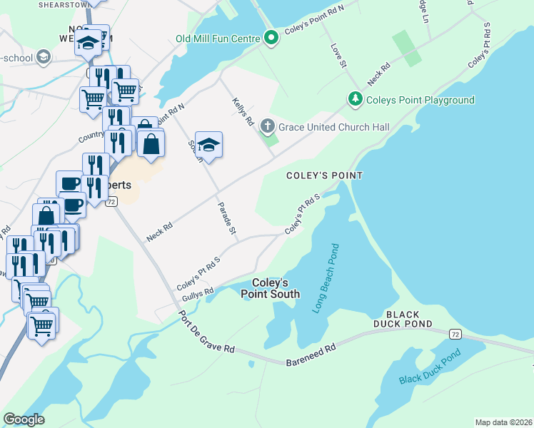 map of restaurants, bars, coffee shops, grocery stores, and more near Coleys Point South Road in Coley's Point South