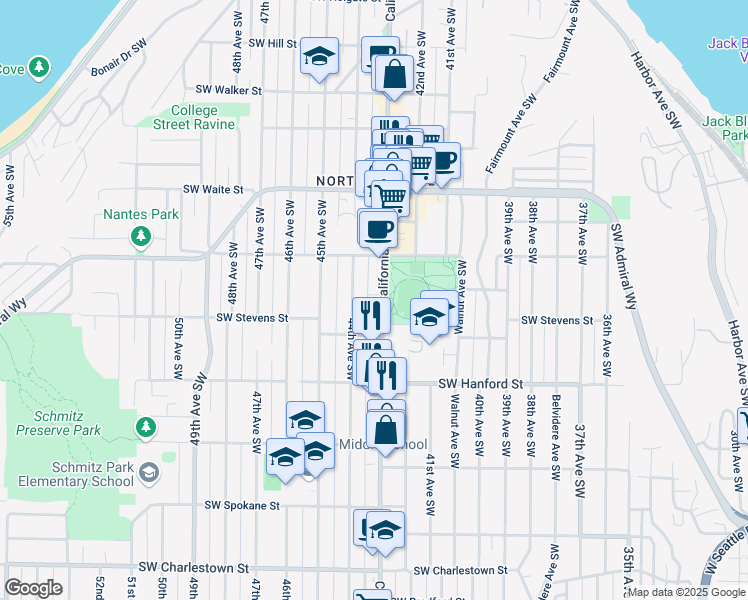 map of restaurants, bars, coffee shops, grocery stores, and more near 2743 California Avenue Southwest in Seattle