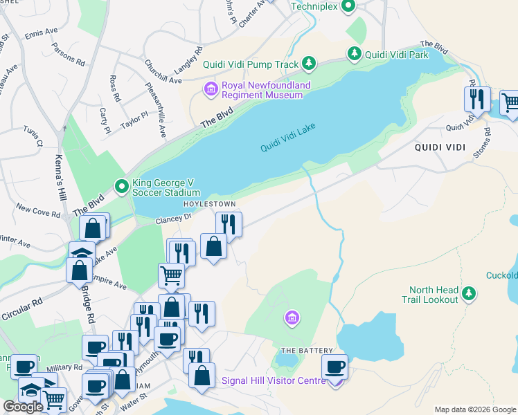 map of restaurants, bars, coffee shops, grocery stores, and more near 143 Forest Road in St. John's