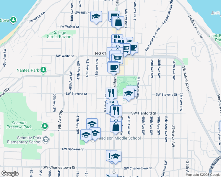 map of restaurants, bars, coffee shops, grocery stores, and more near 2727 44th Avenue Southwest in Seattle