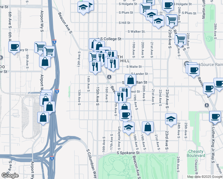 map of restaurants, bars, coffee shops, grocery stores, and more near 2821 Beacon Avenue South in Seattle