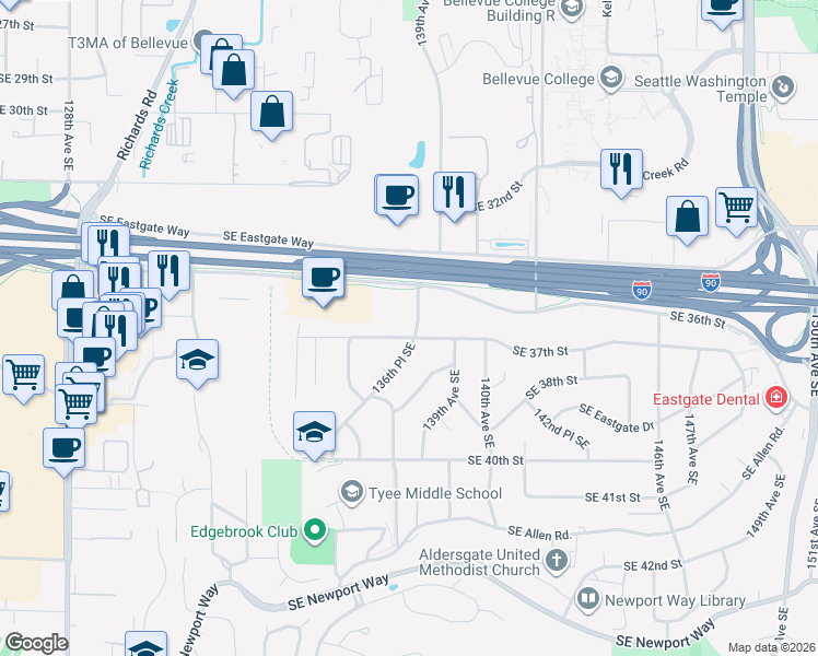 map of restaurants, bars, coffee shops, grocery stores, and more near 13654 Southeast 37th Street in Bellevue