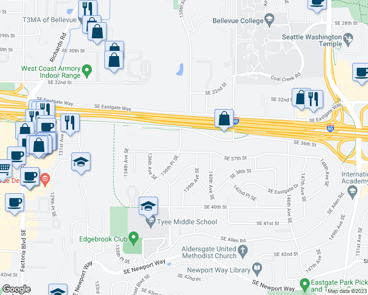 map of restaurants, bars, coffee shops, grocery stores, and more near 13654 Southeast 37th Street in Bellevue