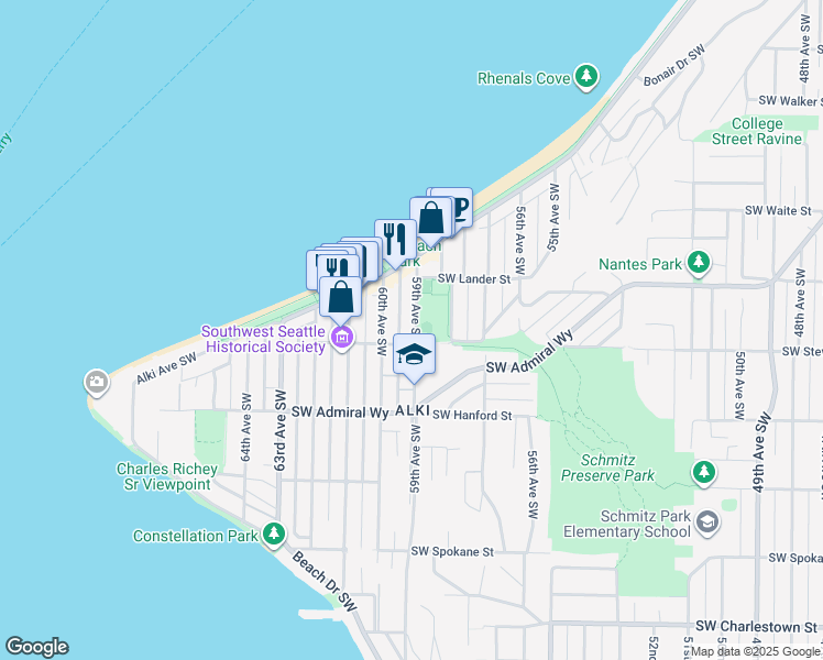 map of restaurants, bars, coffee shops, grocery stores, and more near 2726 60th Avenue Southwest in Seattle
