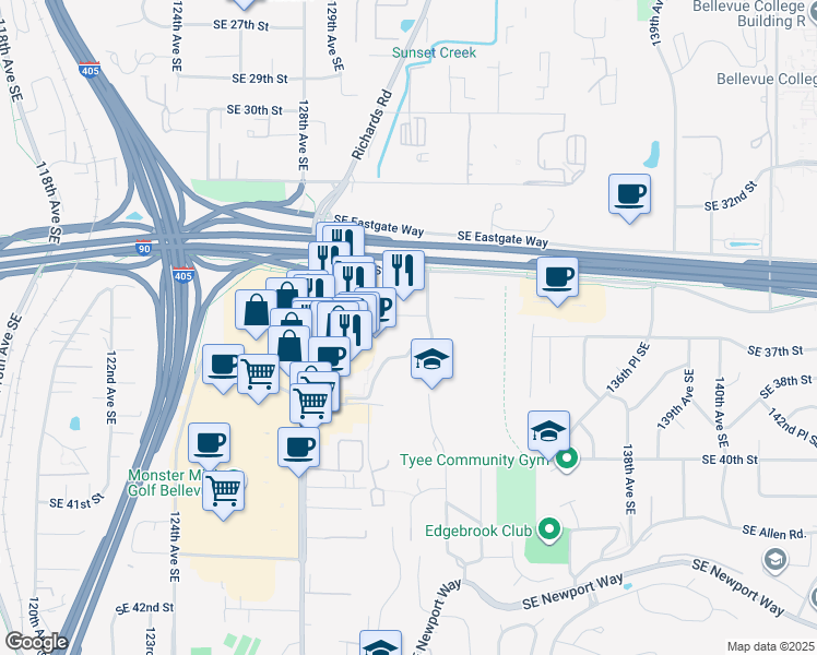map of restaurants, bars, coffee shops, grocery stores, and more near 3648 131st Avenue Southeast in Bellevue