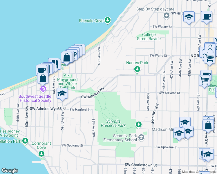 map of restaurants, bars, coffee shops, grocery stores, and more near 5341 Southwest Admiral Way in Seattle