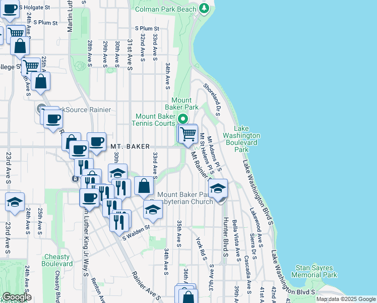 map of restaurants, bars, coffee shops, grocery stores, and more near 2745 Mount Saint Helens Place South in Seattle