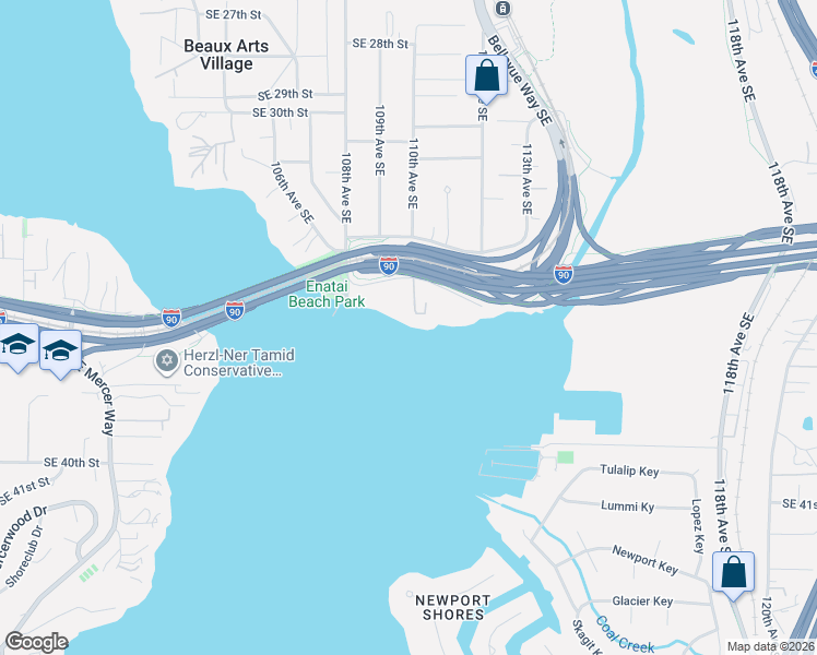 map of restaurants, bars, coffee shops, grocery stores, and more near 10849 Southeast Lake Road in Bellevue