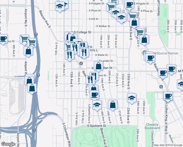 map of restaurants, bars, coffee shops, grocery stores, and more near 1715 South McClellan Street in Seattle