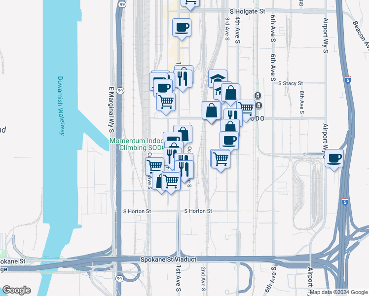 map of restaurants, bars, coffee shops, grocery stores, and more near 2746 1st Avenue South in Seattle