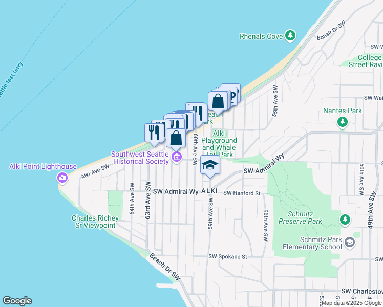 map of restaurants, bars, coffee shops, grocery stores, and more near 2726 60th Avenue Southwest in Seattle