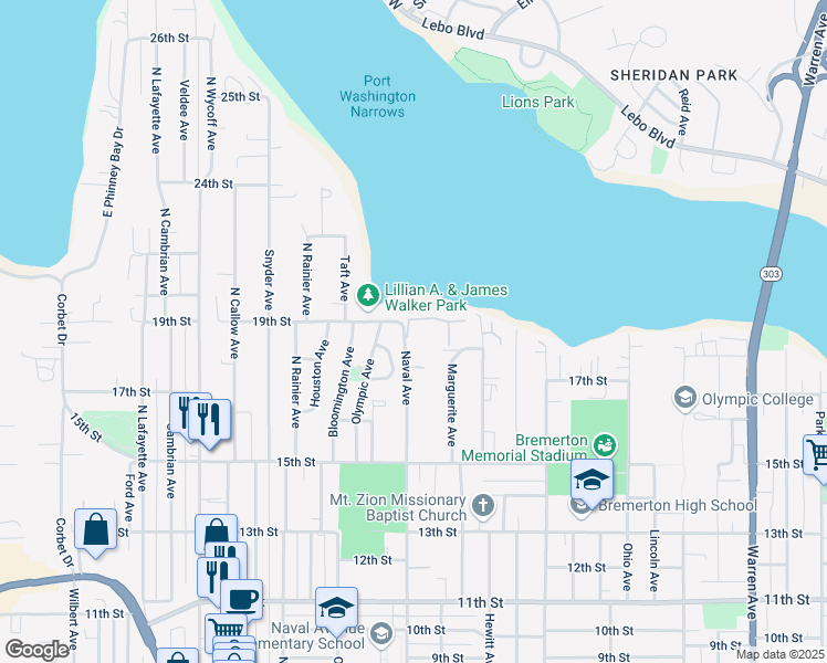 map of restaurants, bars, coffee shops, grocery stores, and more near 1900 Naval Avenue in Bremerton