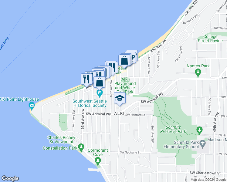 map of restaurants, bars, coffee shops, grocery stores, and more near 2746 60th Avenue Southwest in Seattle