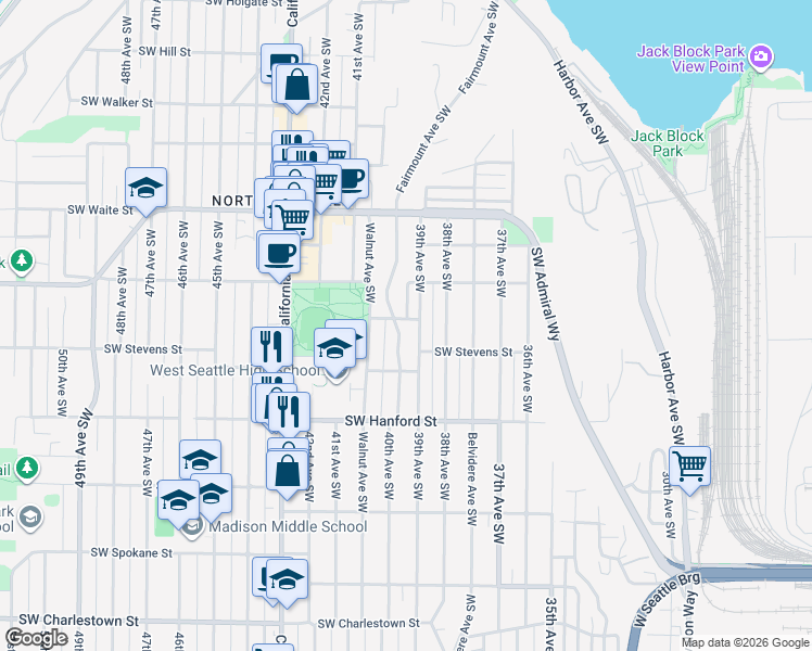 map of restaurants, bars, coffee shops, grocery stores, and more near 2720 Fairmount Avenue Southwest in Seattle