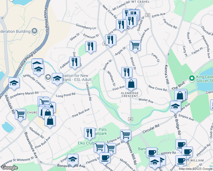 map of restaurants, bars, coffee shops, grocery stores, and more near 30 Roche Street in St. John's